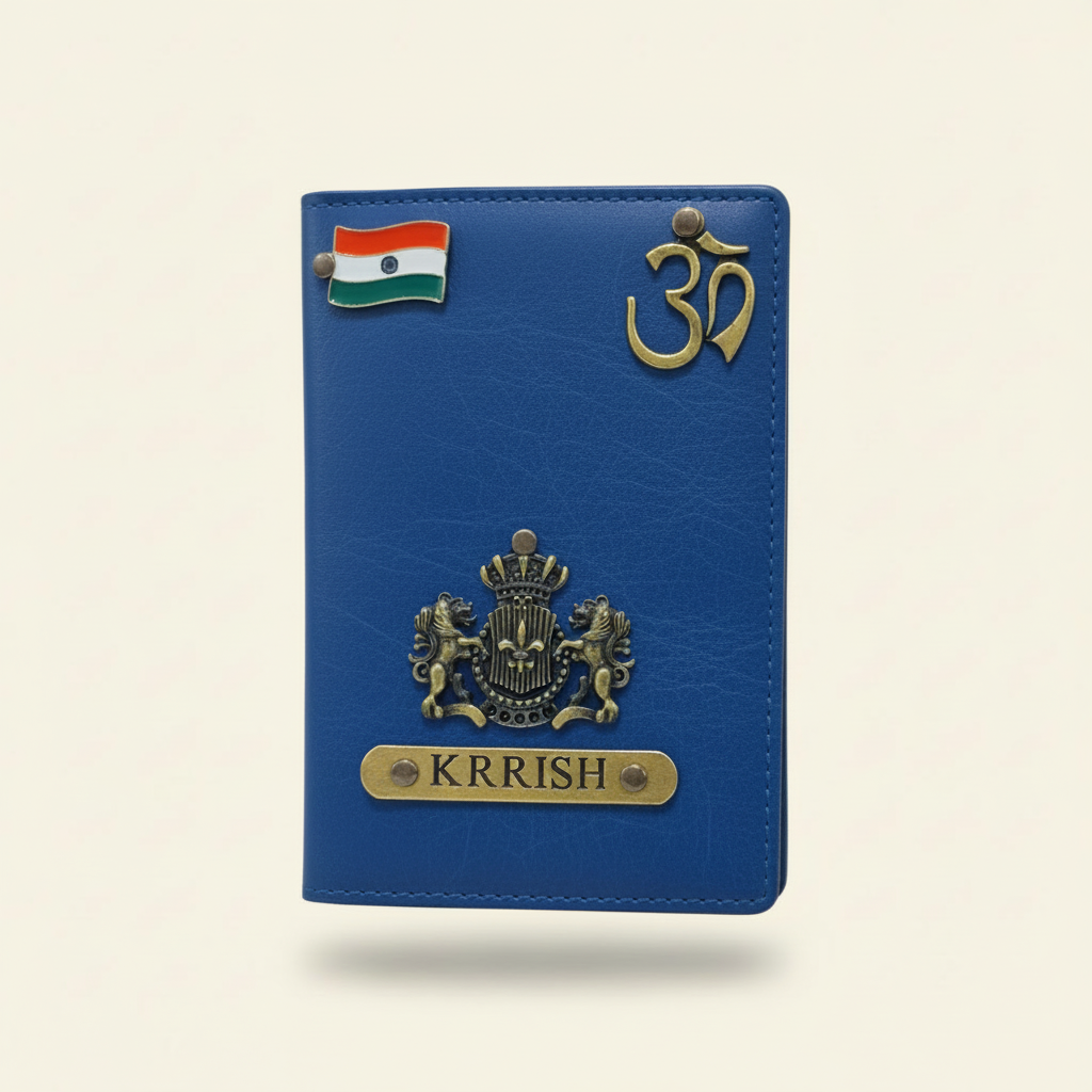 Blue Navy Indian Flagged Customised Passport Cover with Name & Charms | Personalised Om Travel Passport Holder