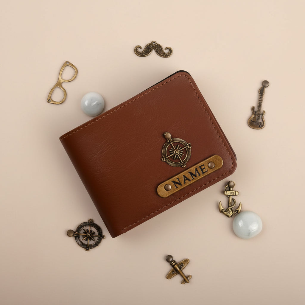 Brown Customised Men’s Wallet with Merchant Navy Charm | Personalised Name Wallet for Him