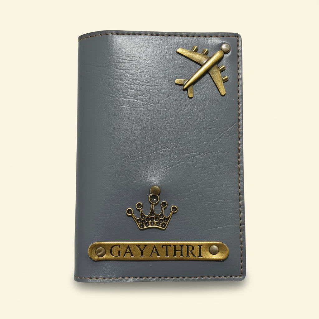 Grey Queen Customised Passport Cover with Name & Charms | Personalised Travel Passport Holder