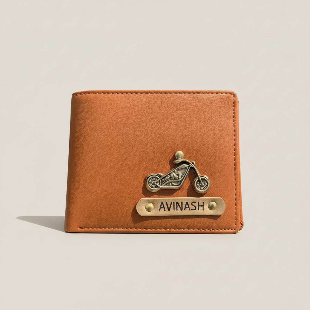 Tan Customised Men’s Wallet with Bike Charm | Personalised Name Wallet for Him